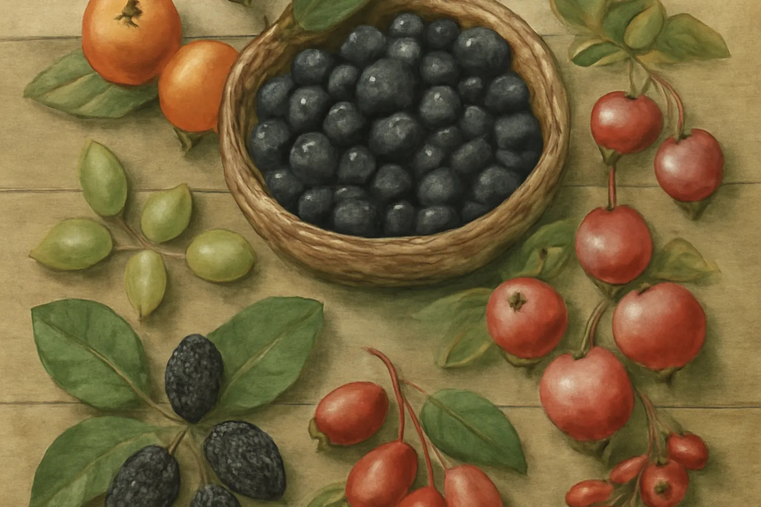 Branche d'aronia noir chargee de baies mures en automne, feuillage rougissant, haie champetre en arriere-plan