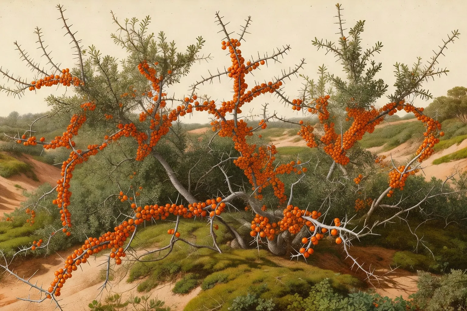 Branches d'argousier chargees de baies orange vif en septembre, feuillage gris argente