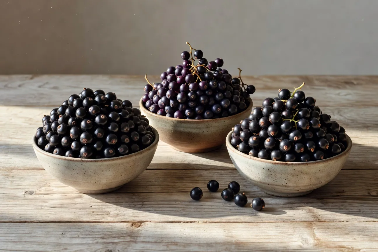 Trois bols en céramique remplis de baies d'aronia noires, de sureau pourpres et de cassis, posés sur une planche de bois patiné