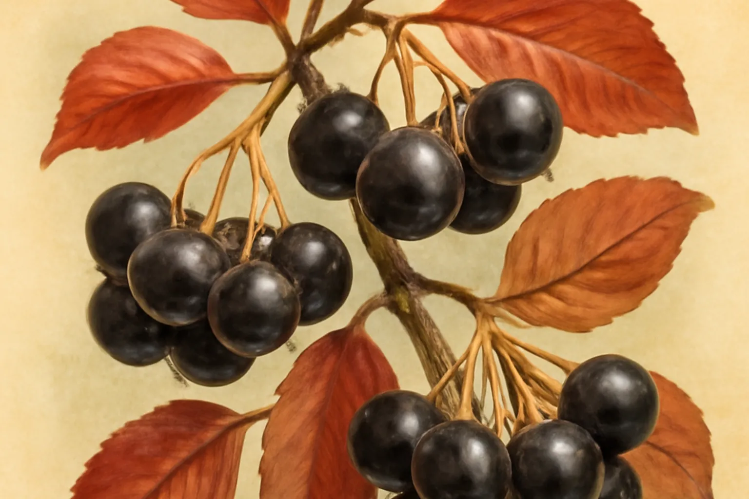 Grappes de baies noires d'aronia melanocarpa en septembre, feuillage rouge automnal