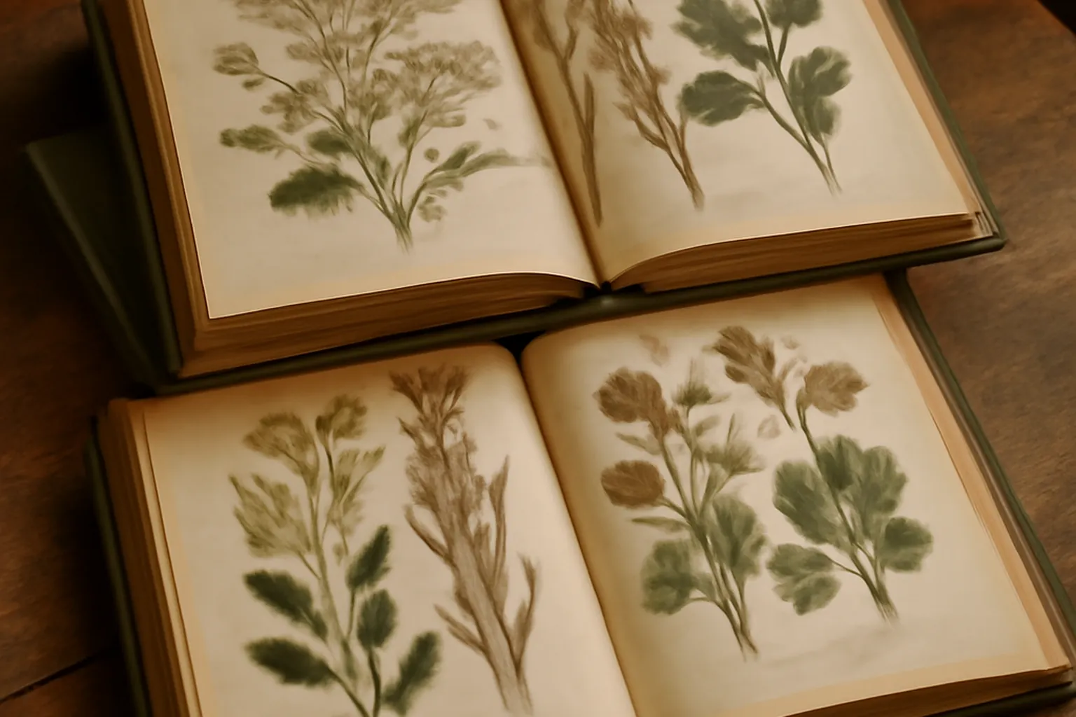 Pile de carnets botaniques ouverts sur une table en bois, lumiere douce