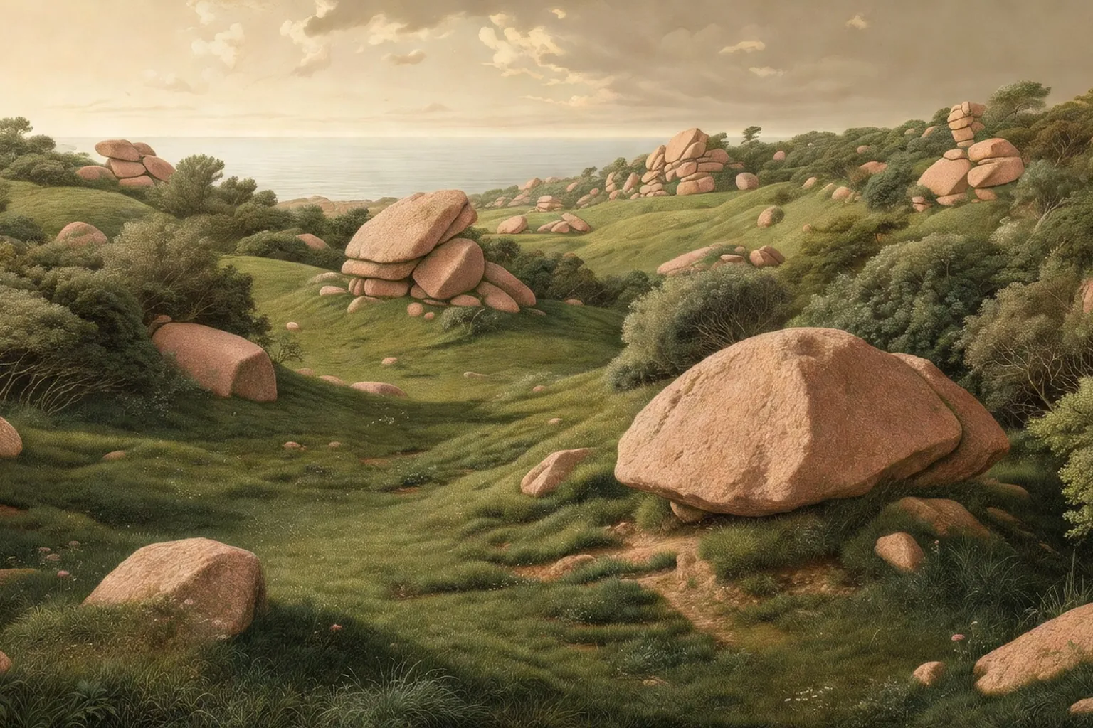 Paysage bocager breton du Tregor, talus boises en relief, parcelles herbagees en contrebas, ciel atlantique