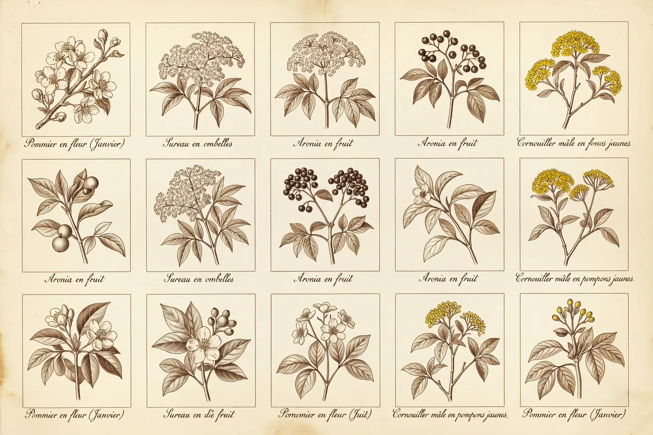 Calendrier saisonnier illustré au trait fin sur papier ivoire, douze vignettes des essences de haie fruitière au fil des mois