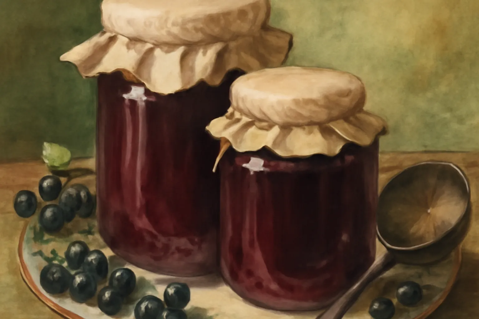 Six pots de gelee d'aronia rouge sombre fraichement mis en pots sur une table en bois, baies et citron au premier plan