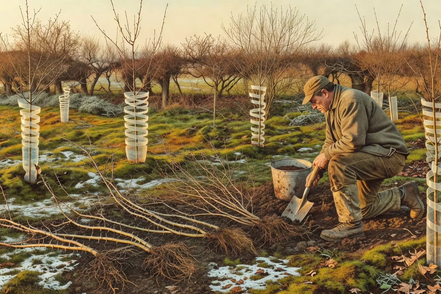 Planteur agenouille installant un jeune plant de charme dans une haie champetre bretonne, toile biodegradable deroulee au sol