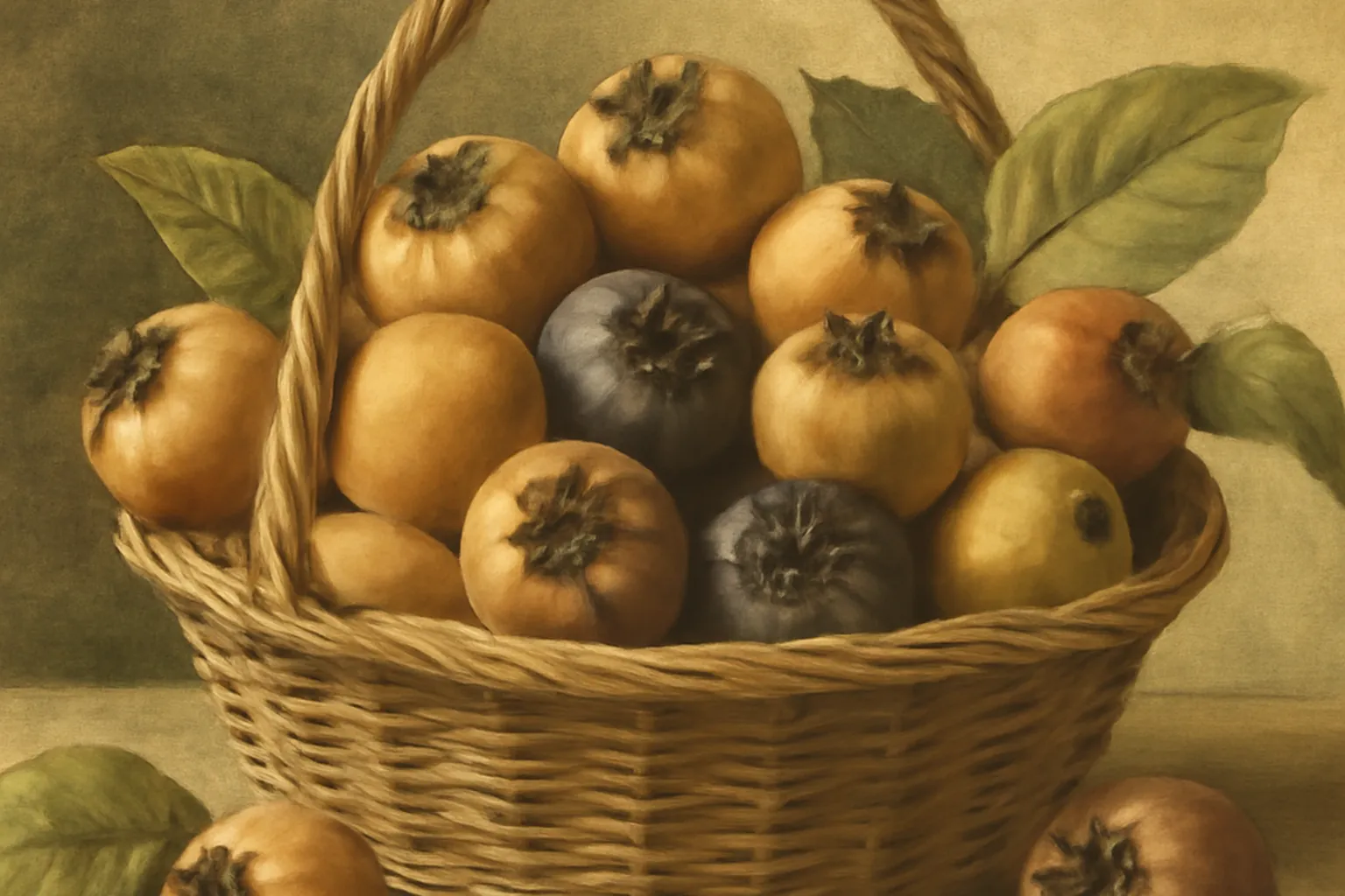 Cageot en bois rempli de nefles brun roux fraichement cueillies en novembre, feuillage jaune d'automne en arriere plan