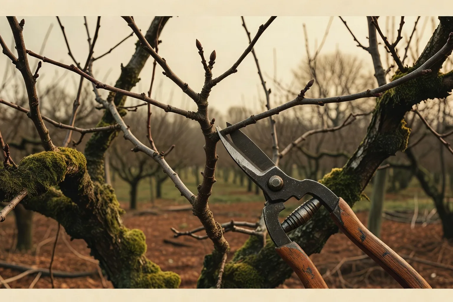 Main gantee taillant au secateur une branche morte sur un vieux poirier rustique en fevrier, lumiere d'hiver basse