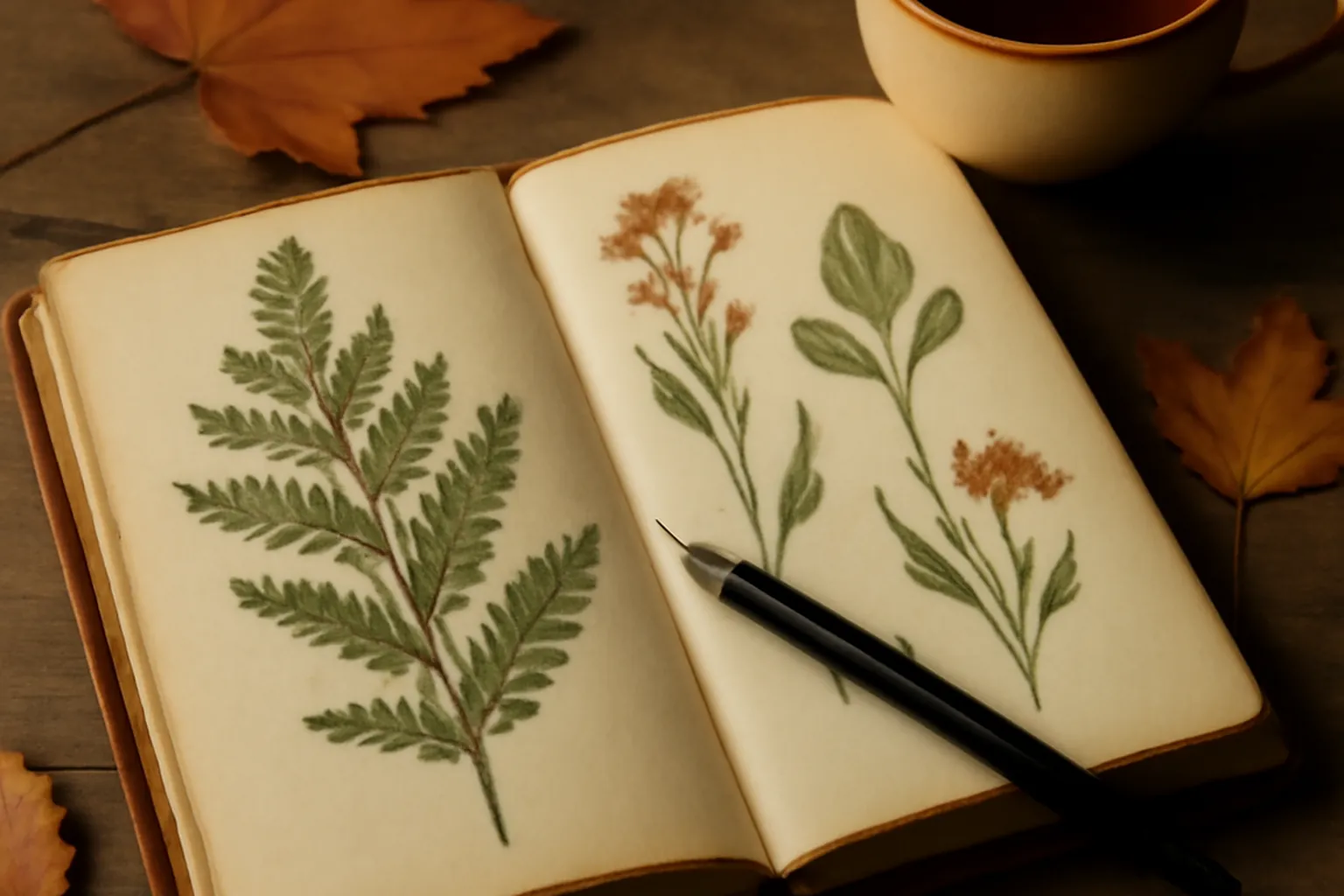Carnet botanique ouvert sur une table de bois, crayon et feuilles seches