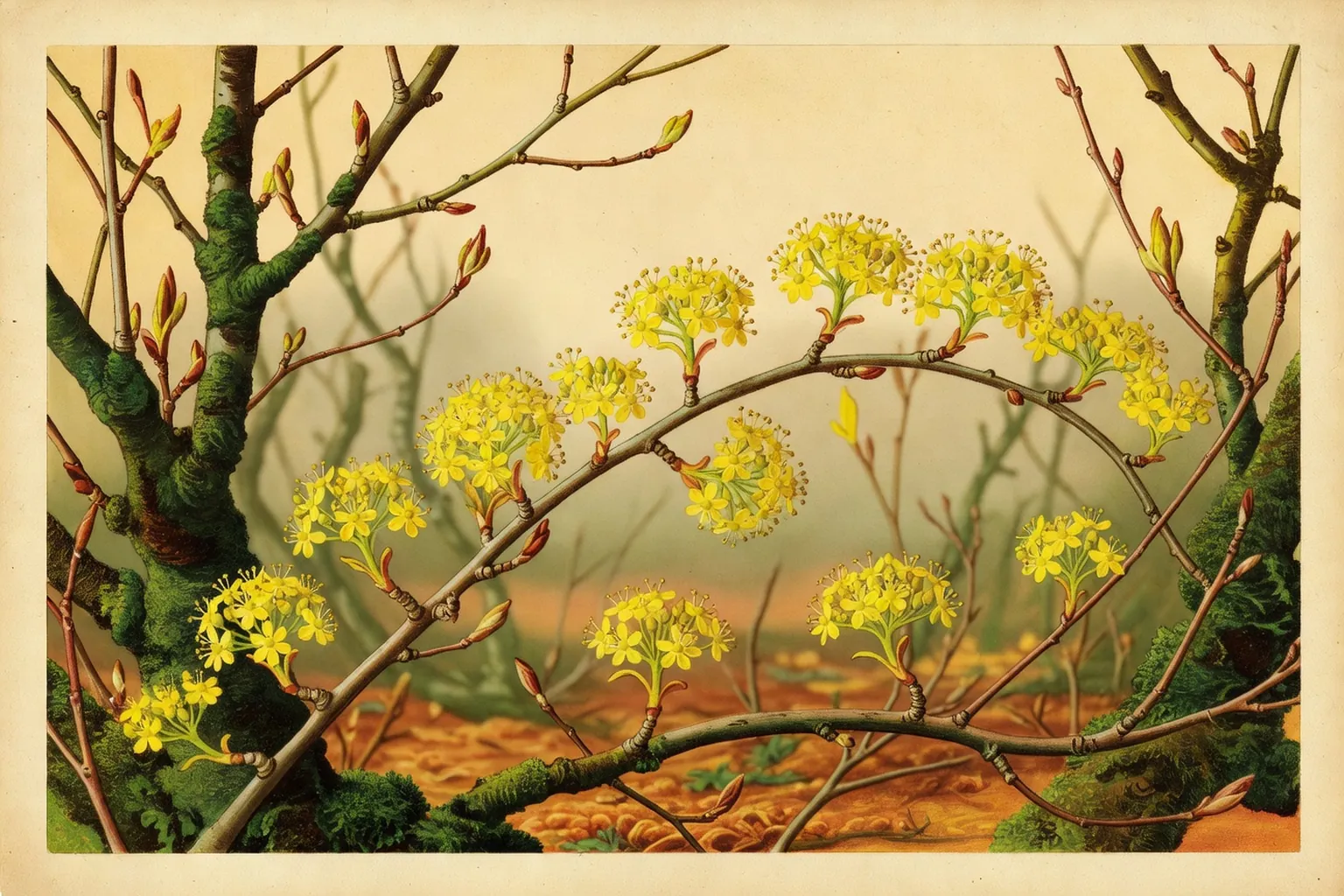 Grappes de fleurs jaunes de cornouiller male en fevrier sur branches nues, floraison precoce