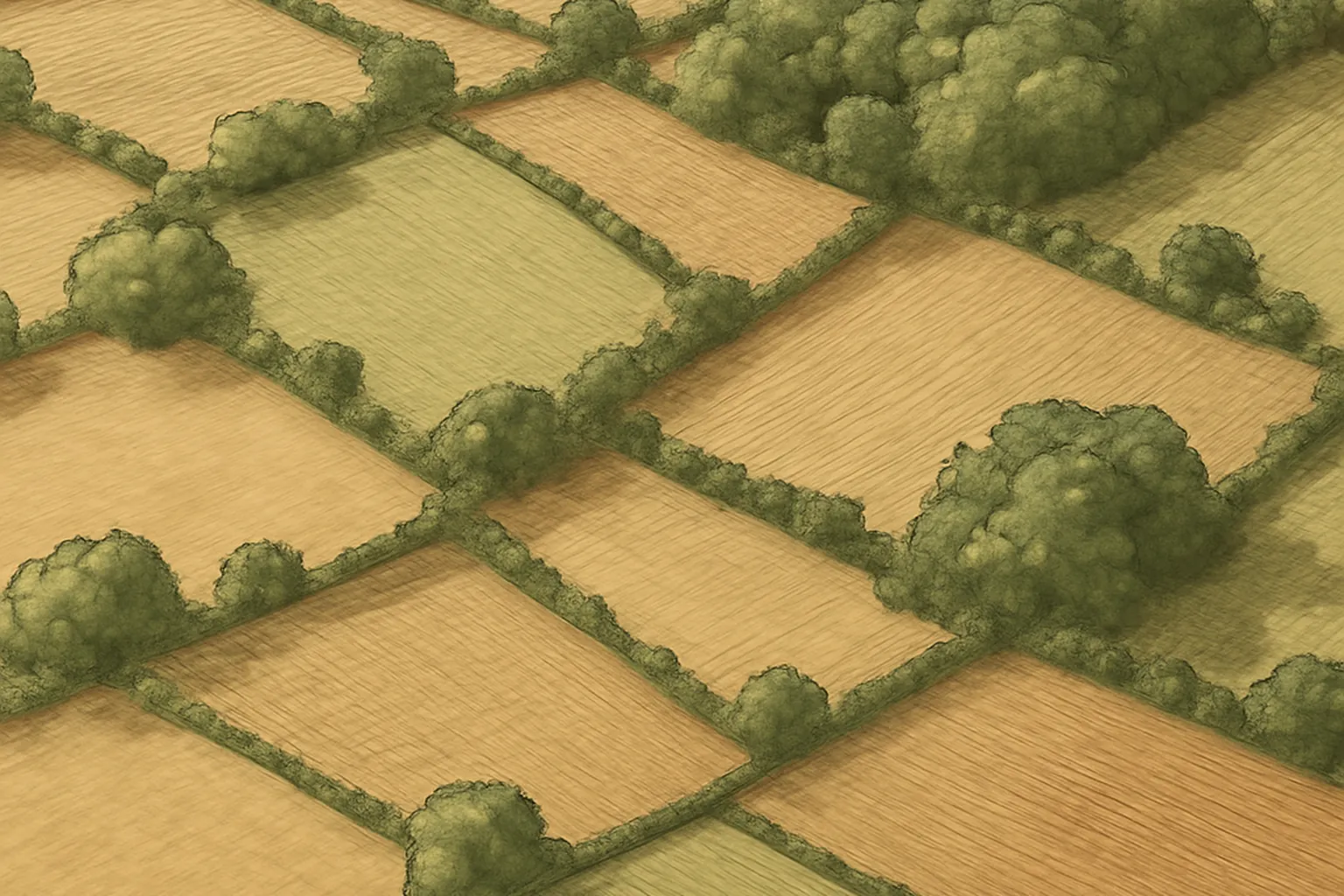 Vue aerienne d'un paysage bocager montrant le maillage de haies reliant des bois, des prairies et un cours d'eau, mosaique vegetale visible