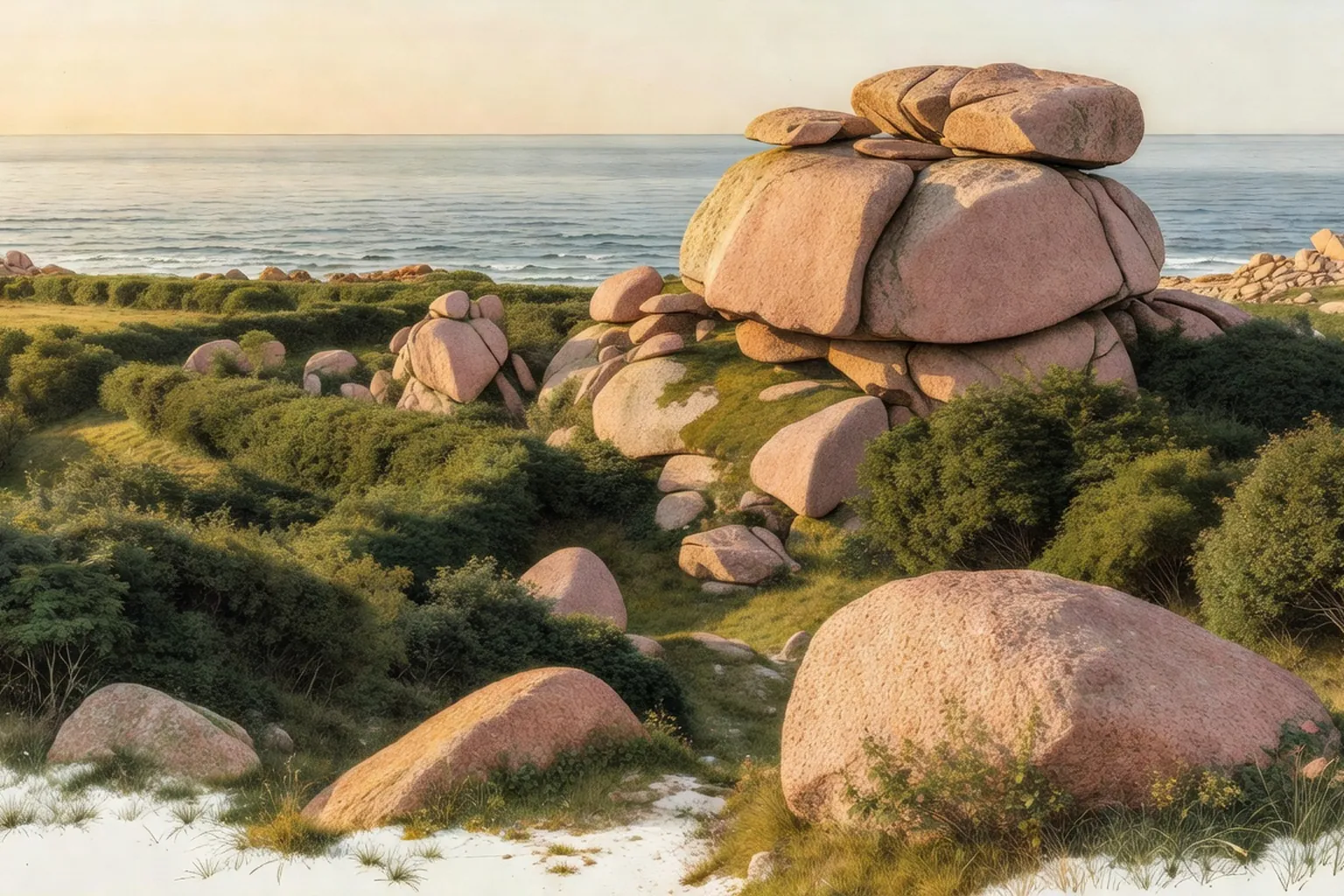 Paysage de bocage du Tregor au coucher du soleil, haies vives soulignant les parcelles en arriere plan les rochers roses de Ploumanac'h