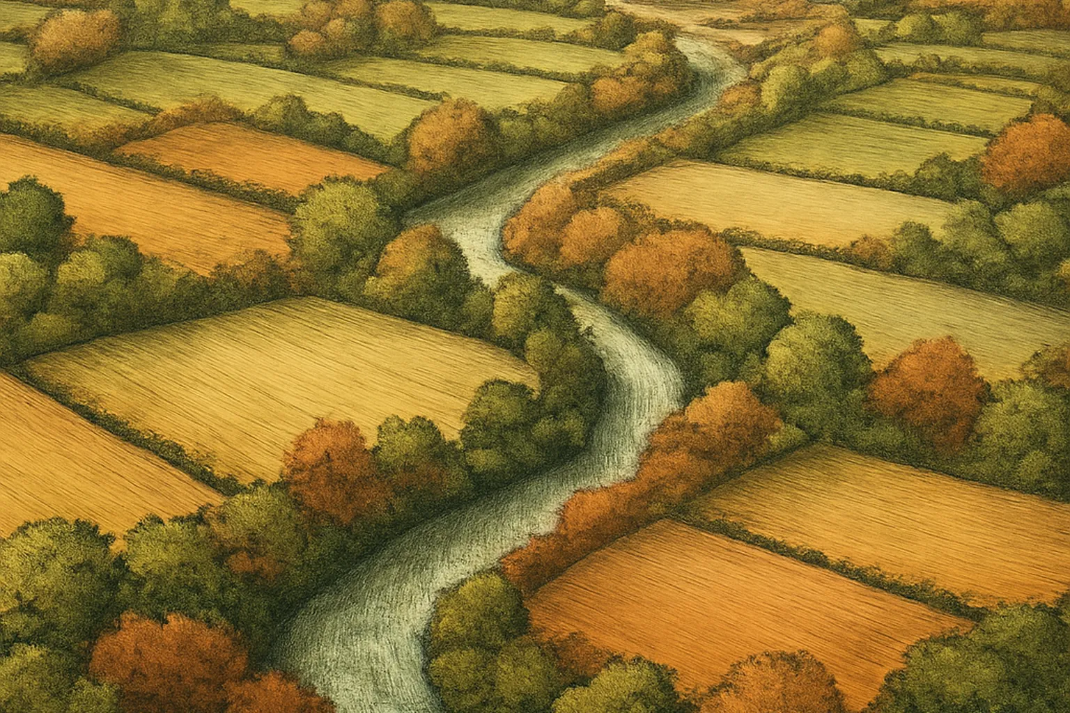 Paysage de bassin versant avec haies sur courbes de niveau, ruisseau en fond de vallon, prairies humides et cultures