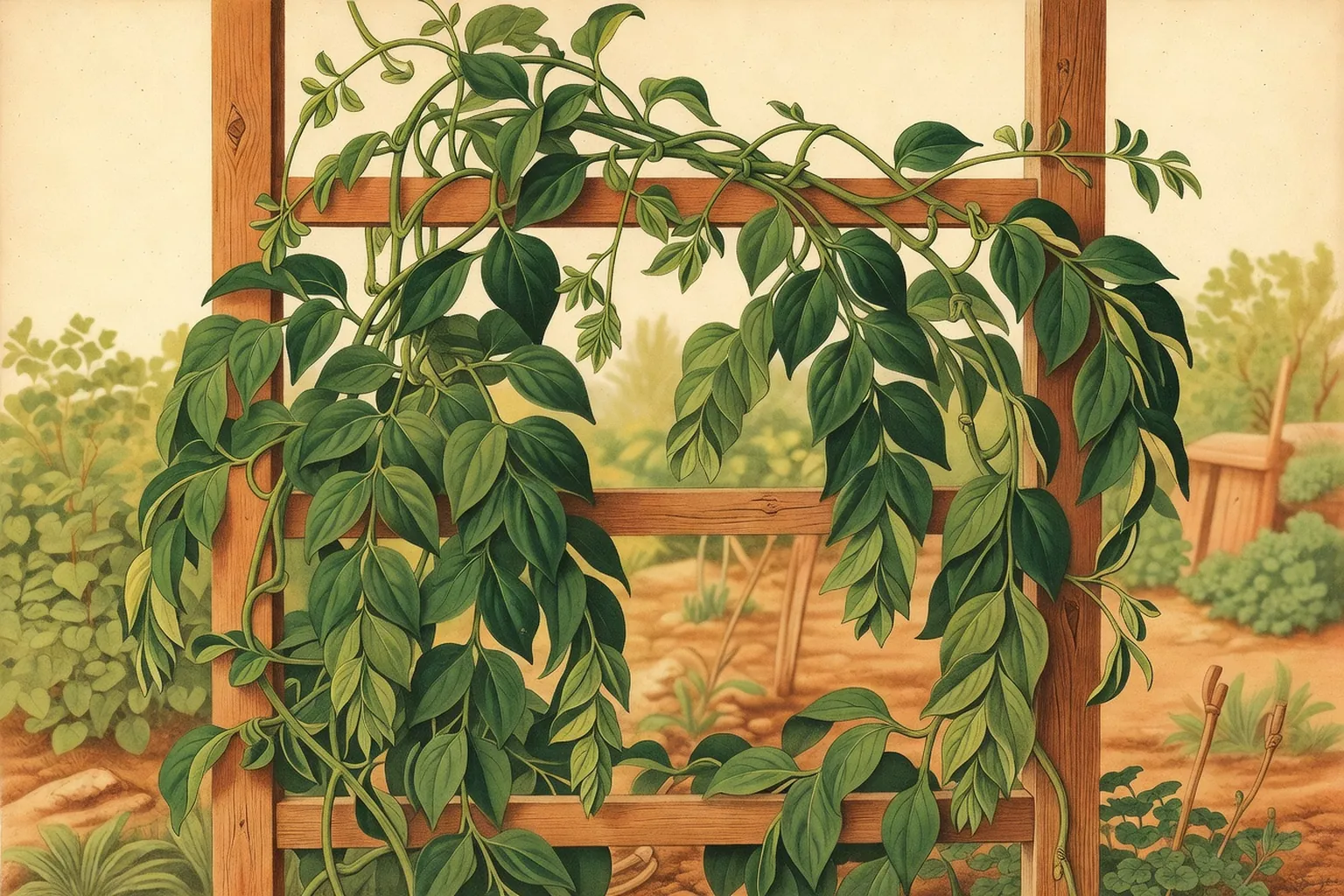 Feuilles jeunes d'epinard du Caucase, tiges grimpantes sur une palissade en mai