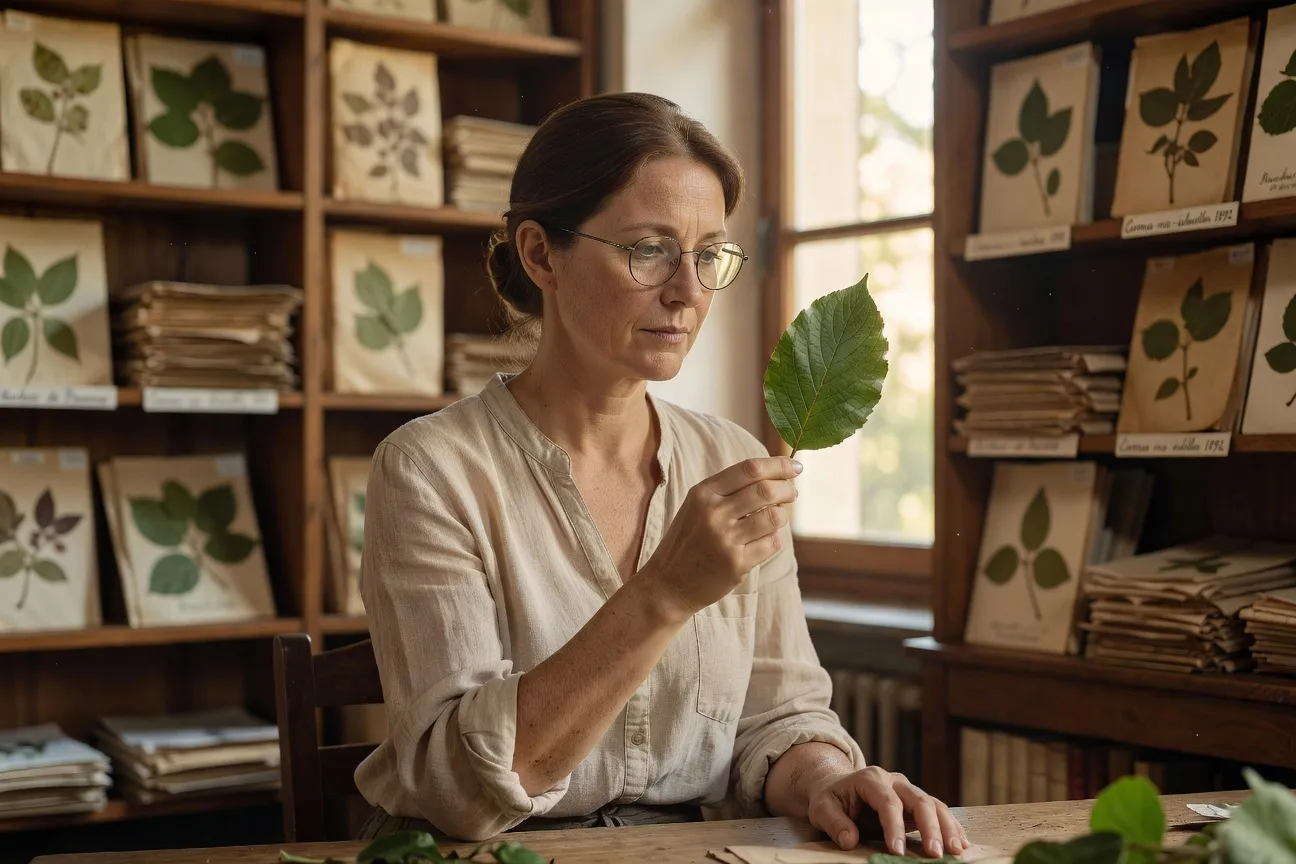 Portrait éditorial de Camille Renaud, ethnobotaniste, examinant une feuille de cornouiller mâle dans un verger conservatoire en Limousin