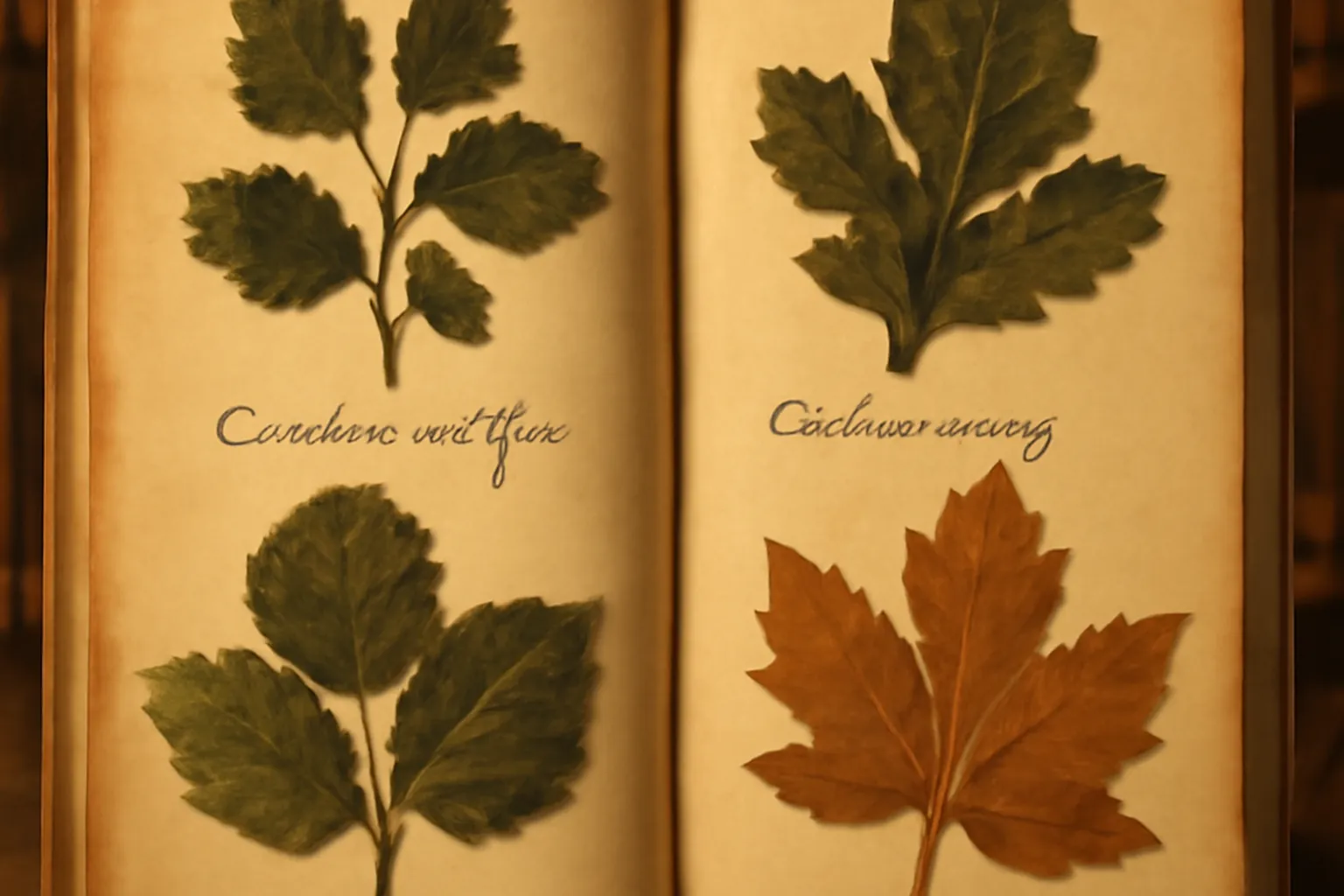 Planche d herbier botanique ouverte avec feuilles et inscriptions au crayon