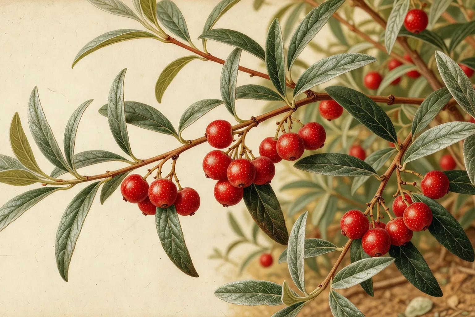 Baies rouges mures de goumi du Japon sur leur branche, feuillage argente