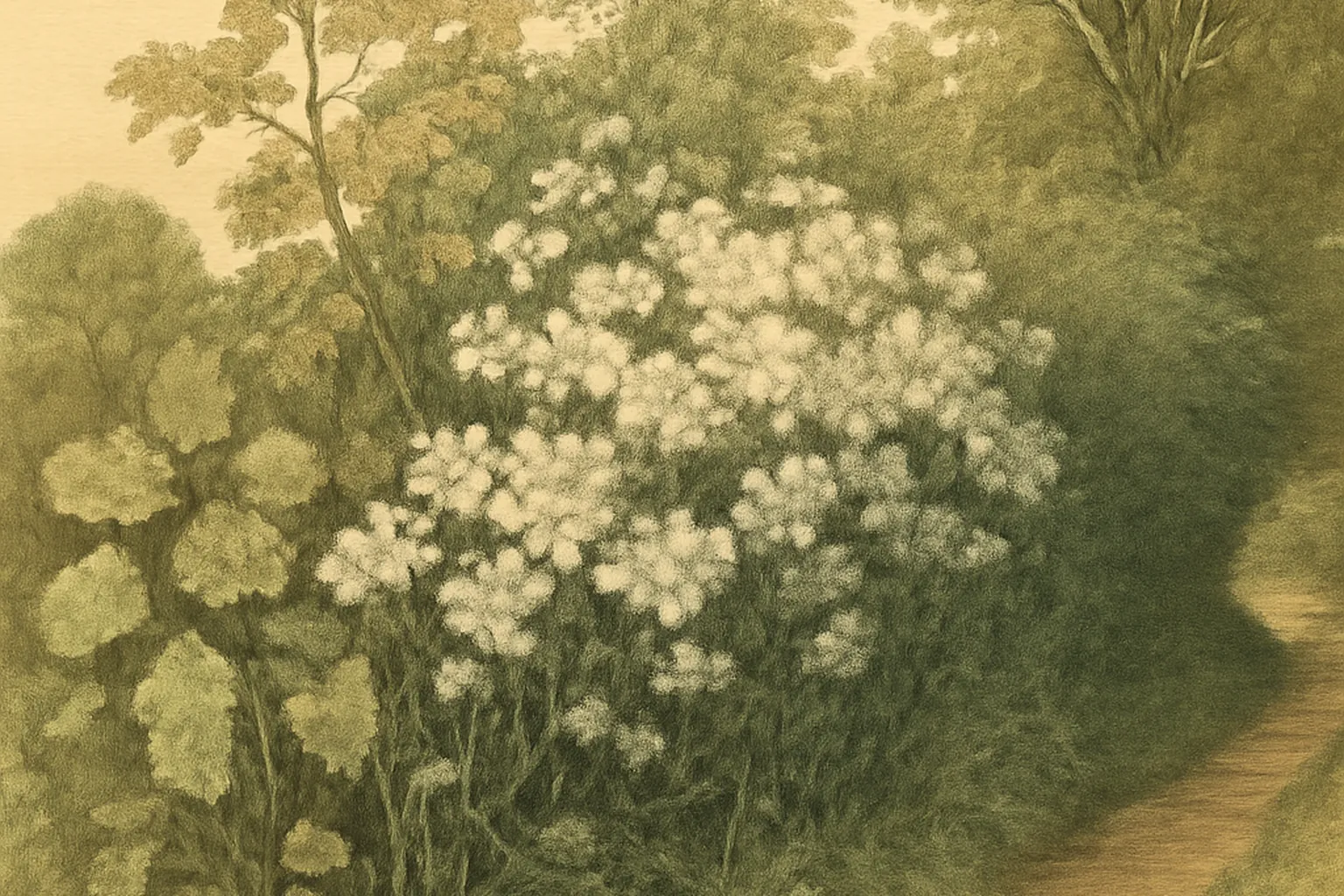 Haie champetre multistrate en bordure d'un chemin creux breton, aubepines en fleurs blanches au printemps