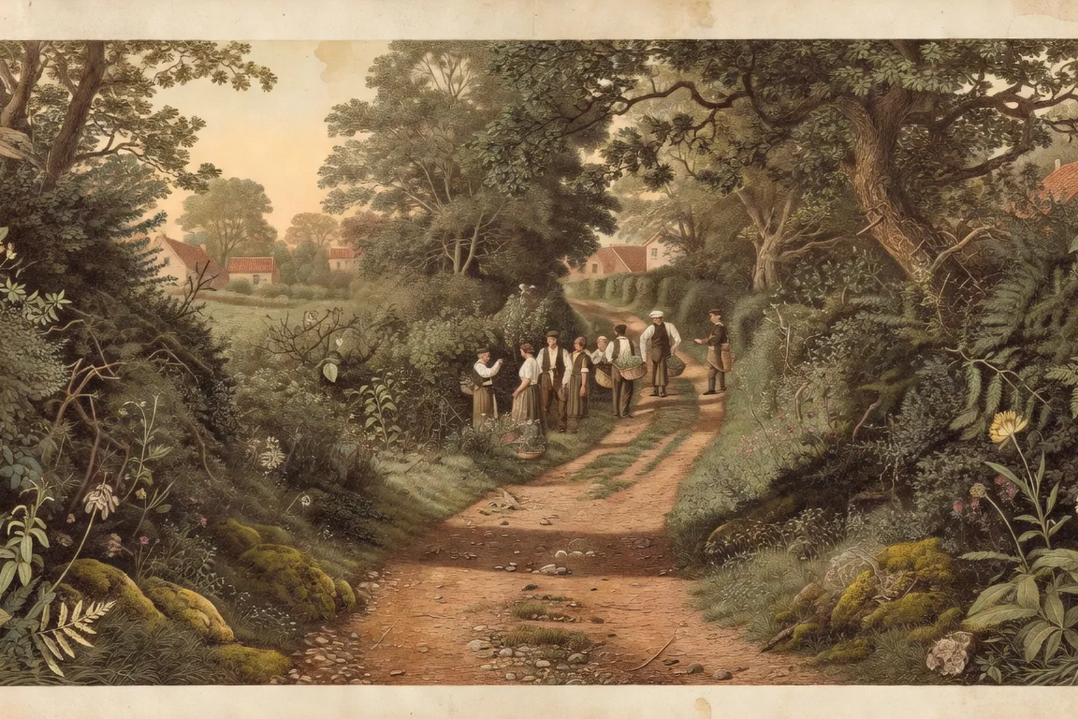 Archive photographique sepia, chemin creux breton borde de haies bocageres en 2018