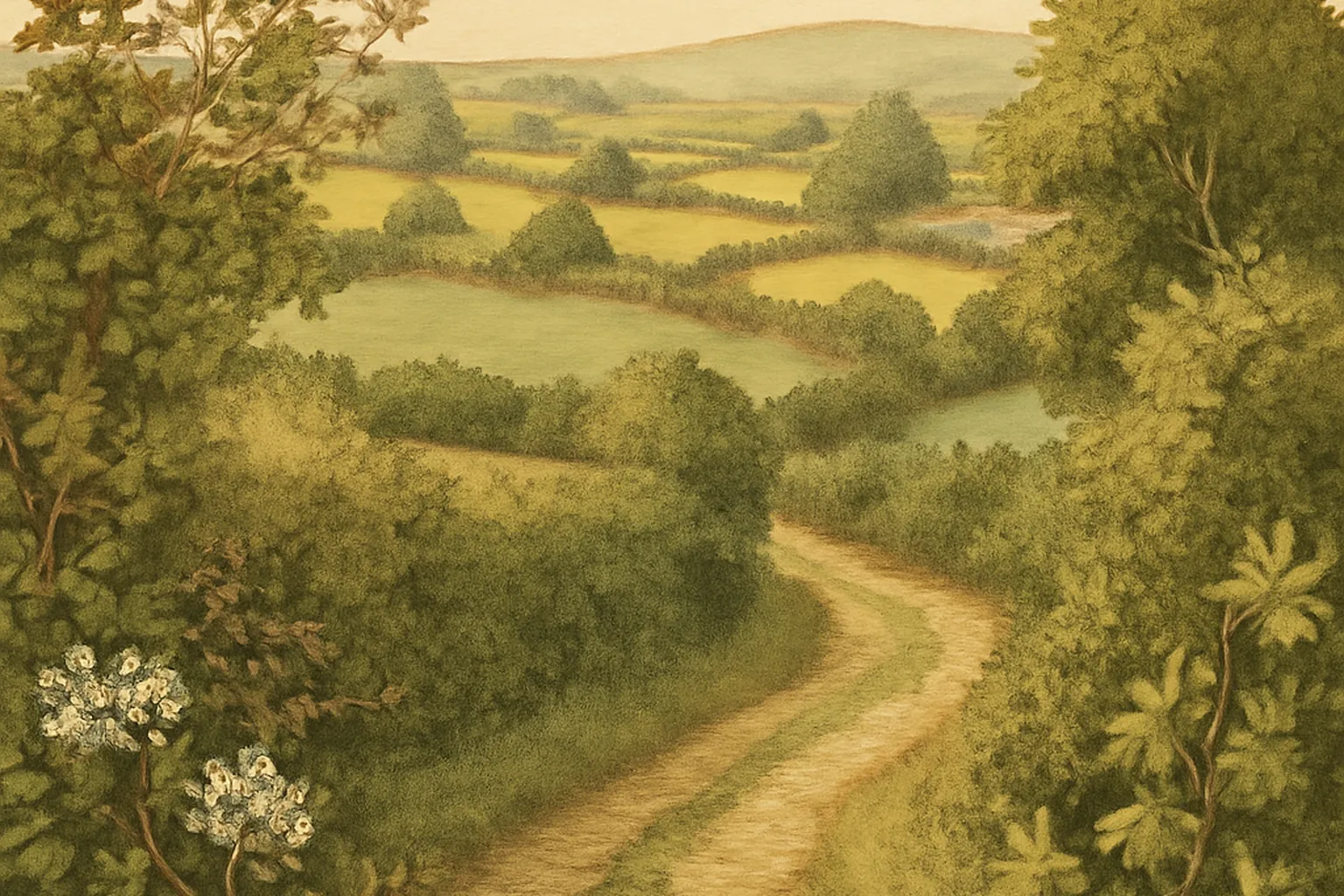 Bocage breton en ete, haie champetre vive bordant un chemin creux