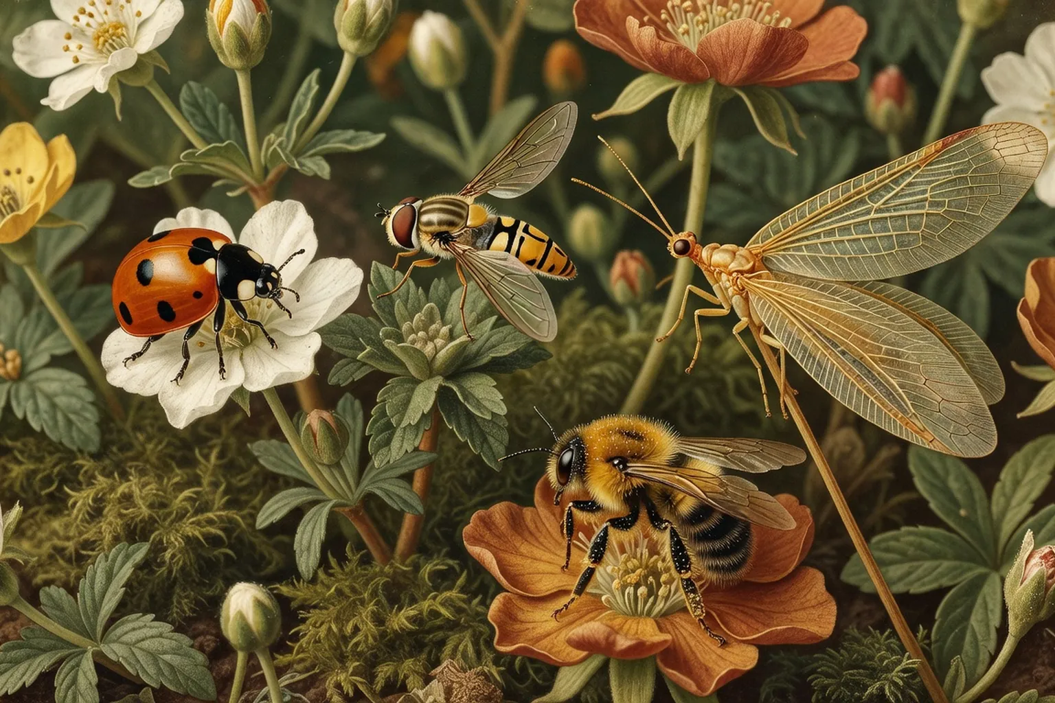 Coccinelle a 7 points sur une feuille de noisetier couverte de pucerons, haie champetre au soleil de printemps en arriere plan flou