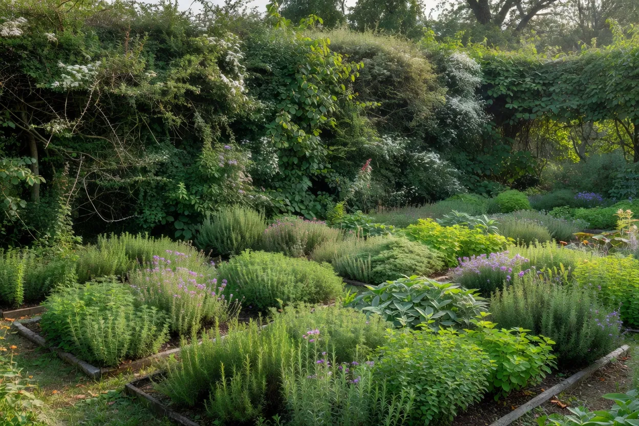 Jardin clos de plantes aromatiques bordé par une haie champêtre dense, lumière tamisée en fin de matinée