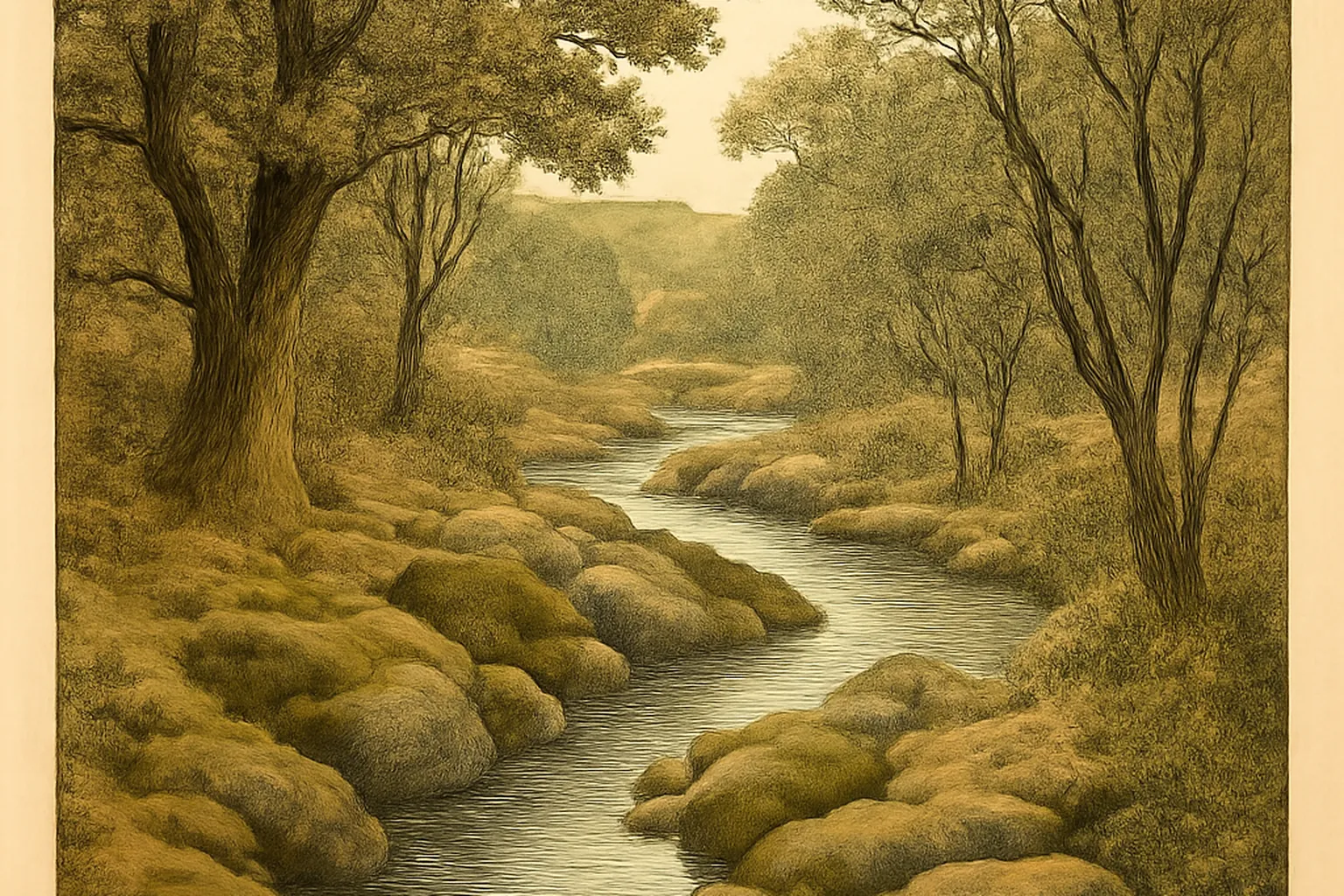 La riviere Leguer serpentant entre des prairies bordees de haies vives, pres de Belle-Isle-en-Terre, brume matinale au dessus de l'eau