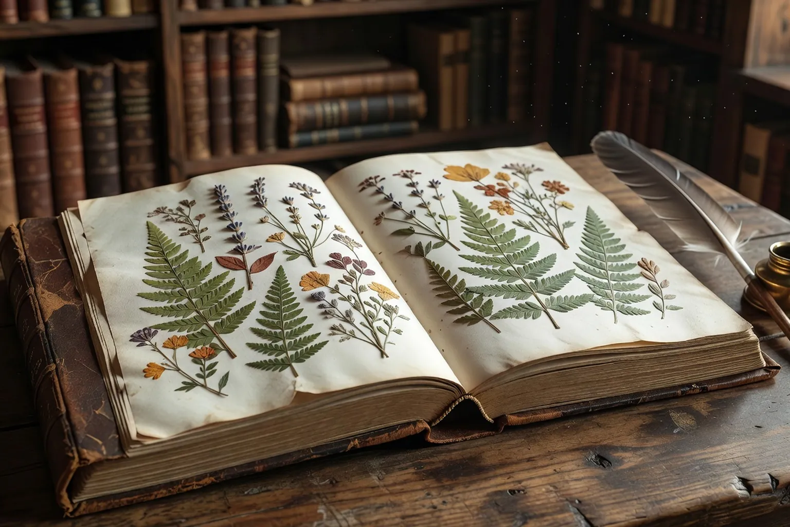 Registre a reliure en cuir, plume et encrier, cadre botanique contemporain
