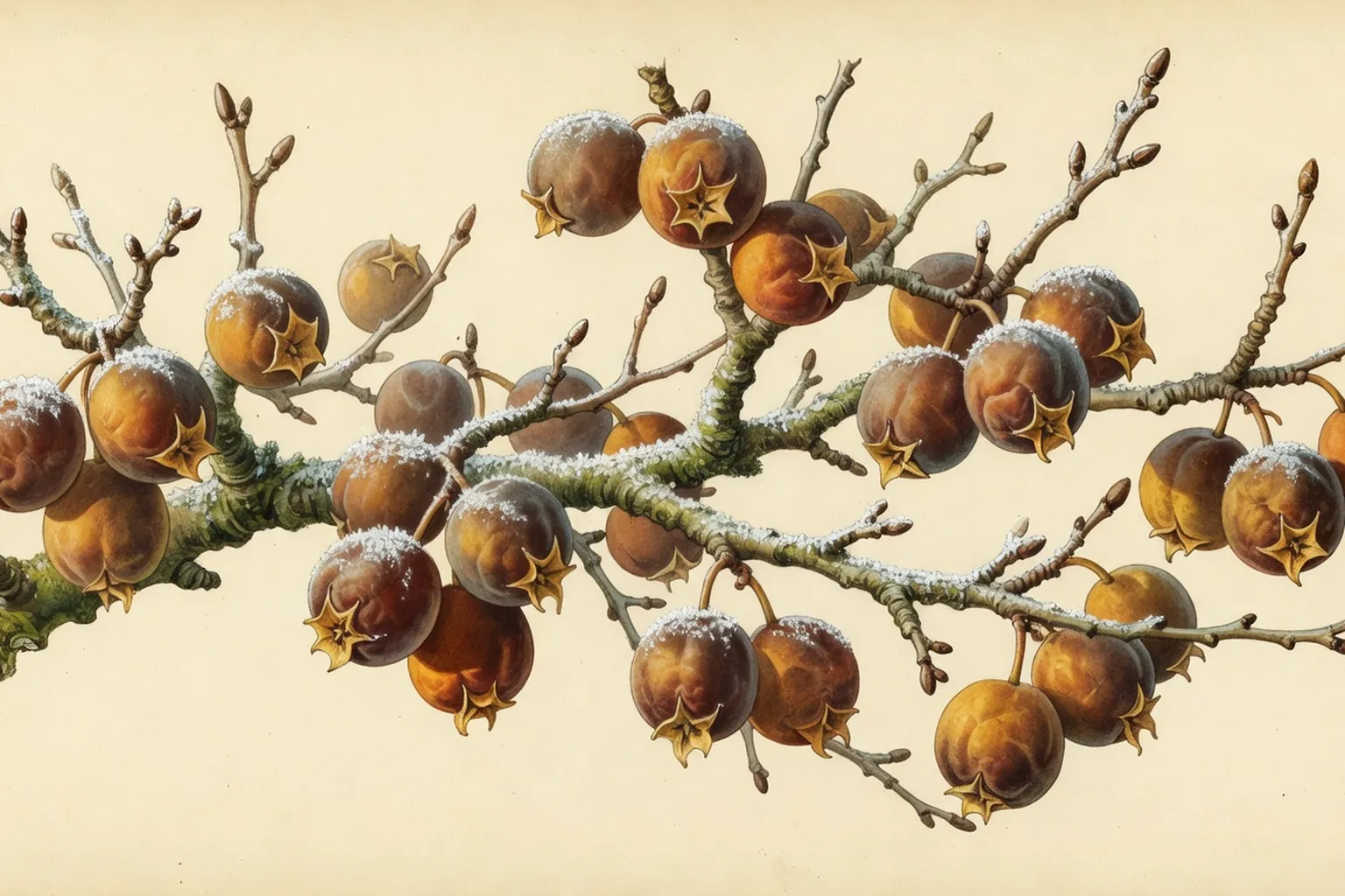 Nefles mures sur leur branche en novembre, fruits bruns a cinq sepales etoiles