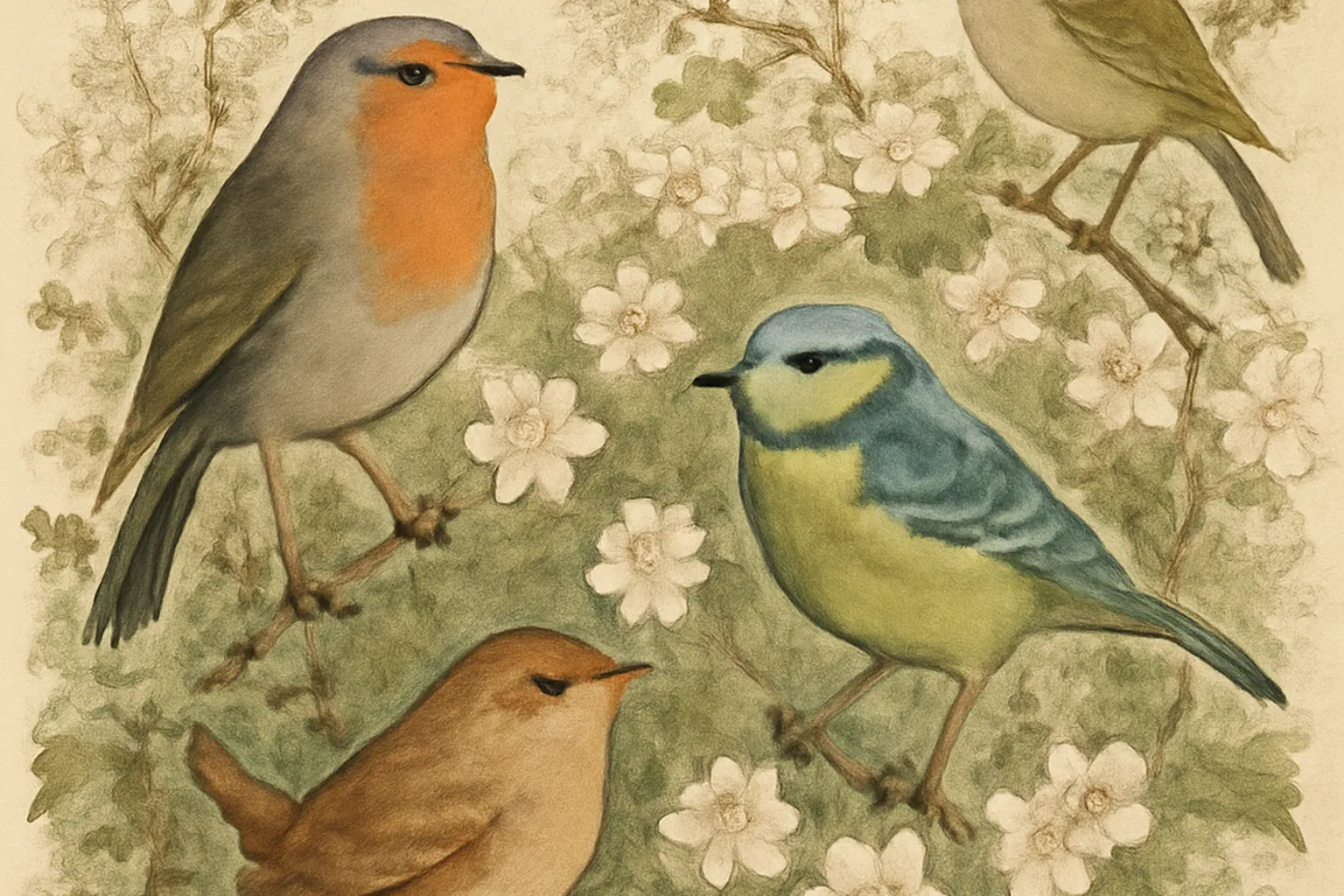 Bruant jaune pose sur une branche d'aubepine en fleurs au printemps, feuillage vert tendre de haie champetre en arriere plan