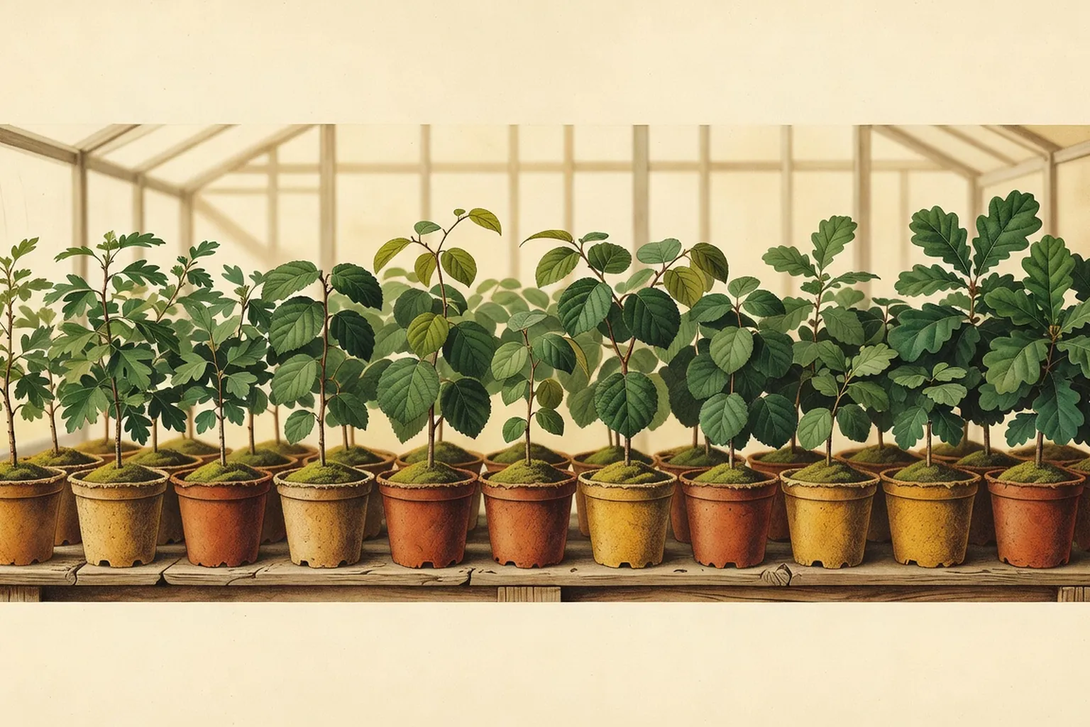 Alignement de jeunes plants forestiers en conteneur dans une pepiniere specialisee