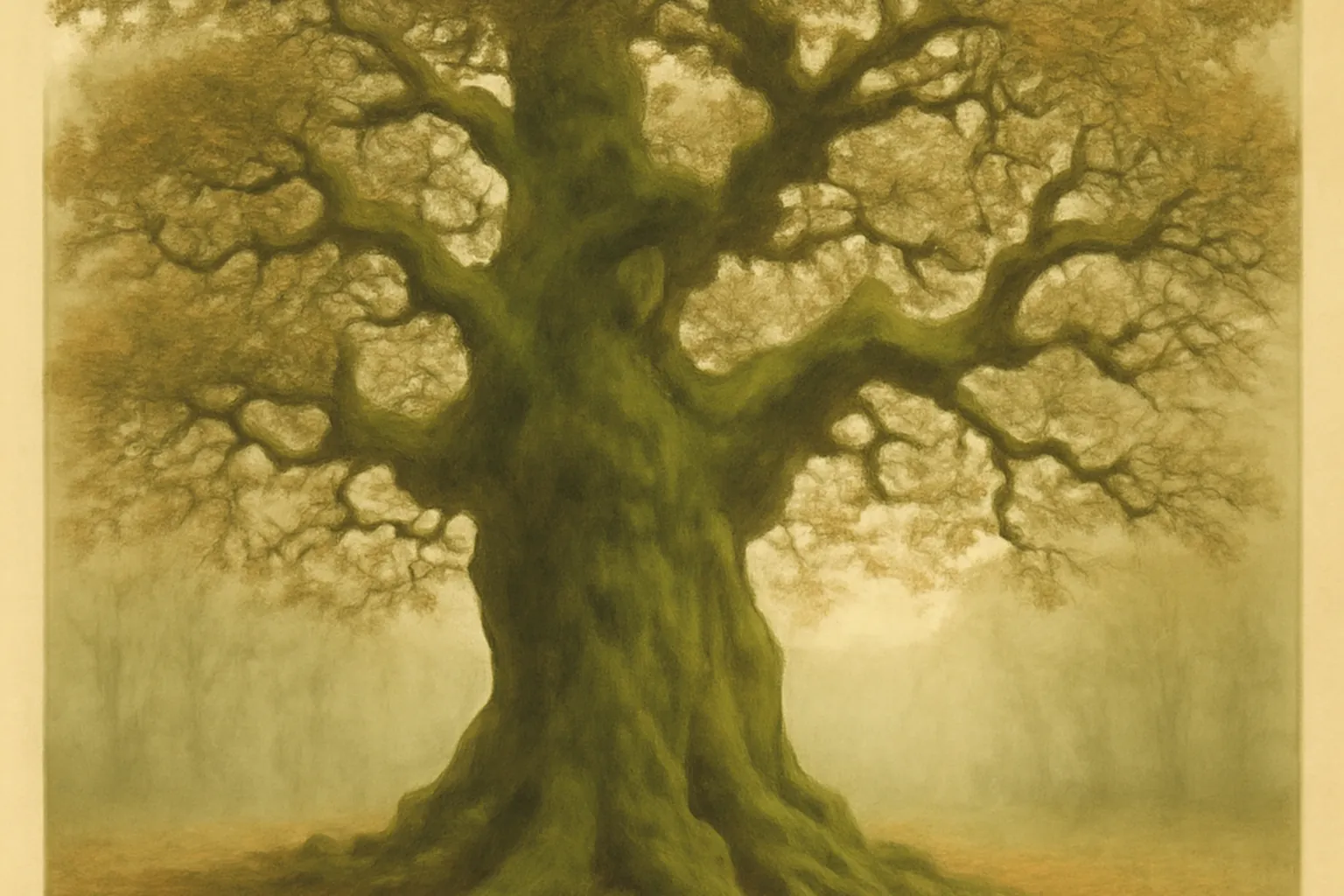 Vieux chene remarquable classe, tronc noueux plurimillenaire, en sous-bois d'une chenaie ancienne, lumiere filtrante