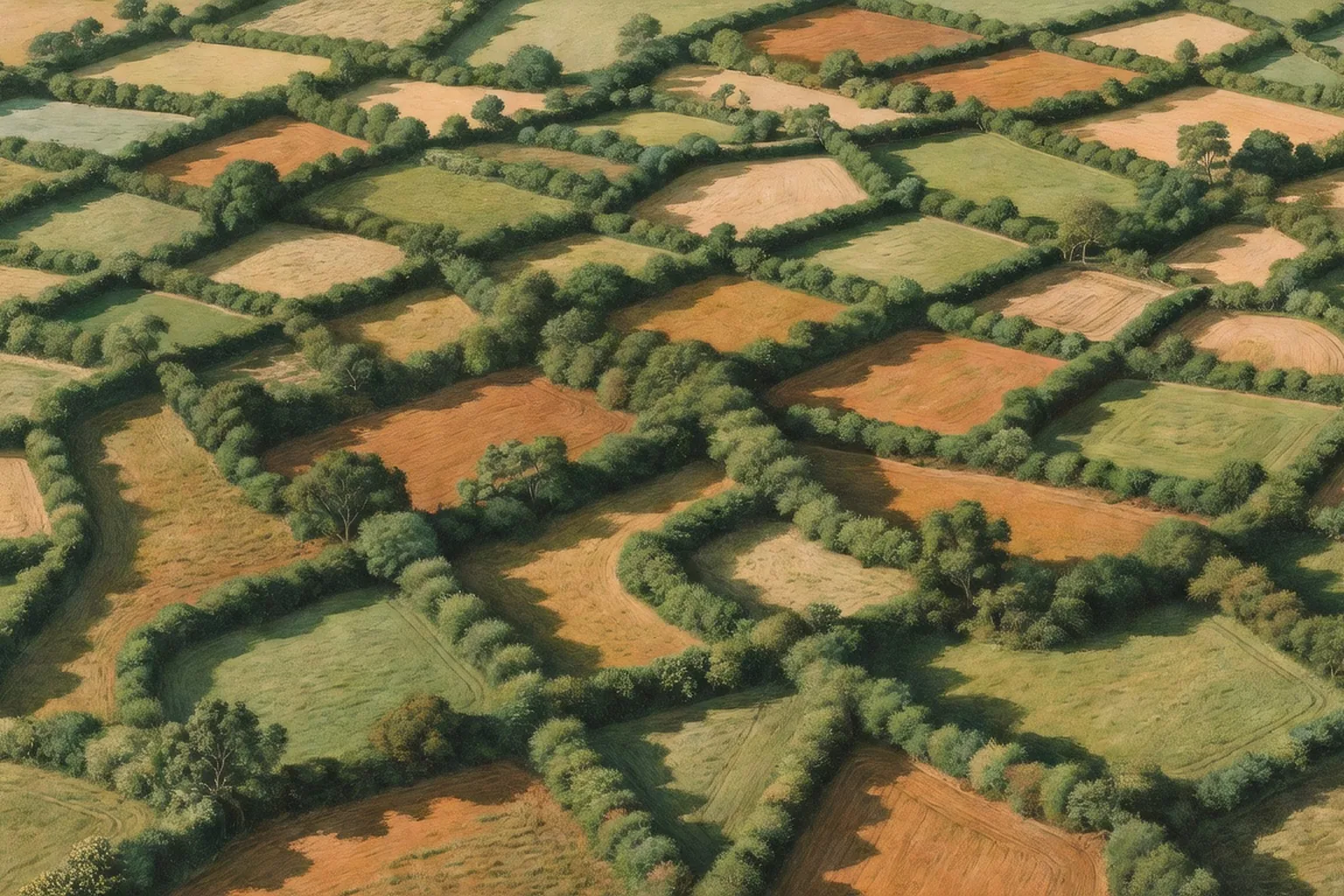 Vue aerienne d'un bocage breton, maillage de haies