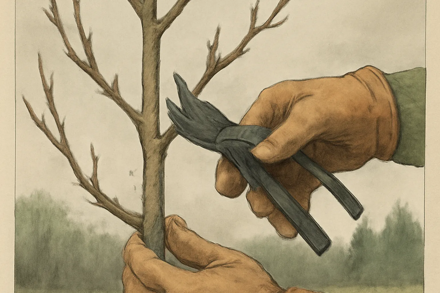 Main d'arboriculteur portant un secateur Felco taillant une branche de pommier rustique en hiver, bourgeons visibles