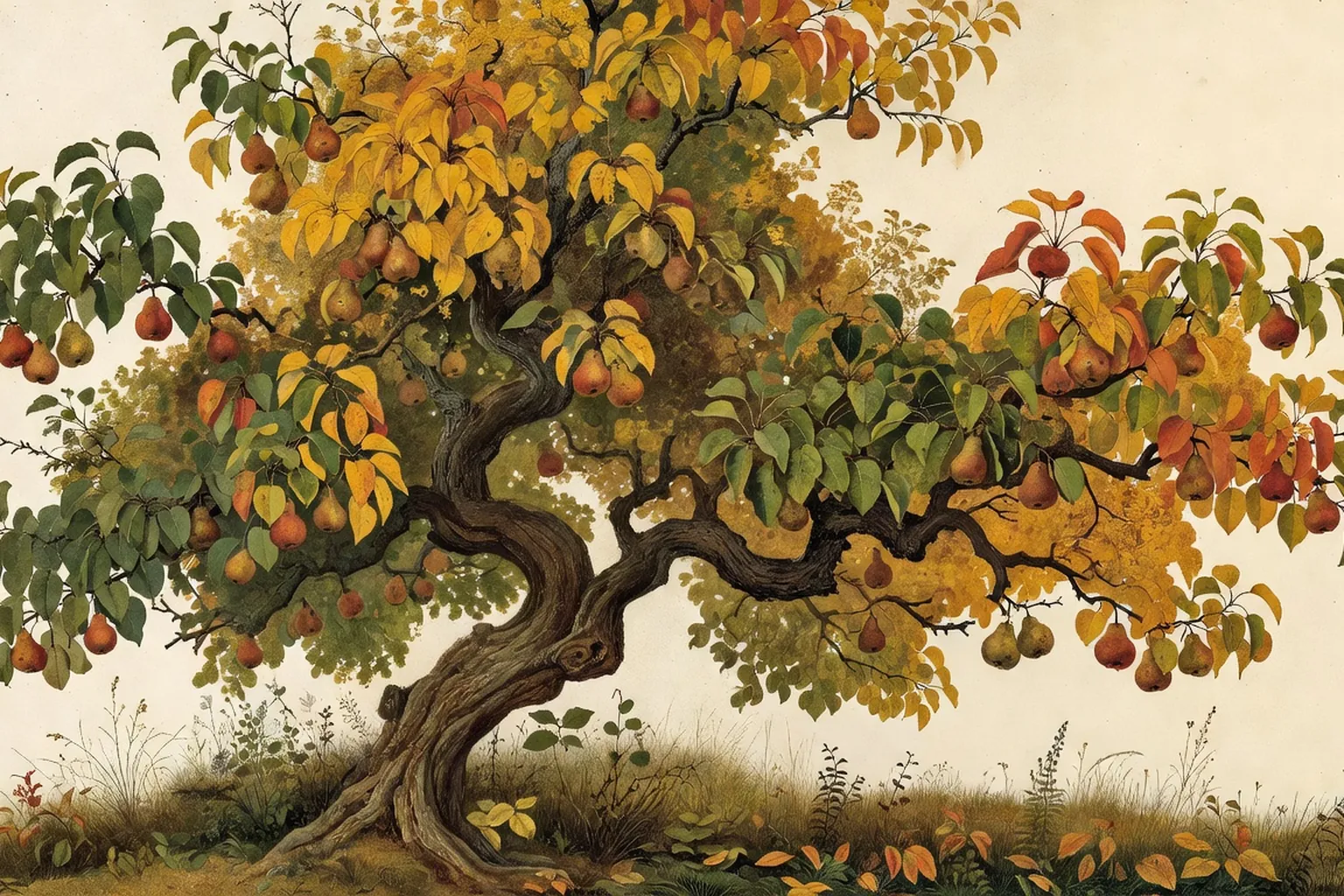 Petites poires sauvages mures sur branches de Pyrus pyraster en octobre, lisiere forestiere