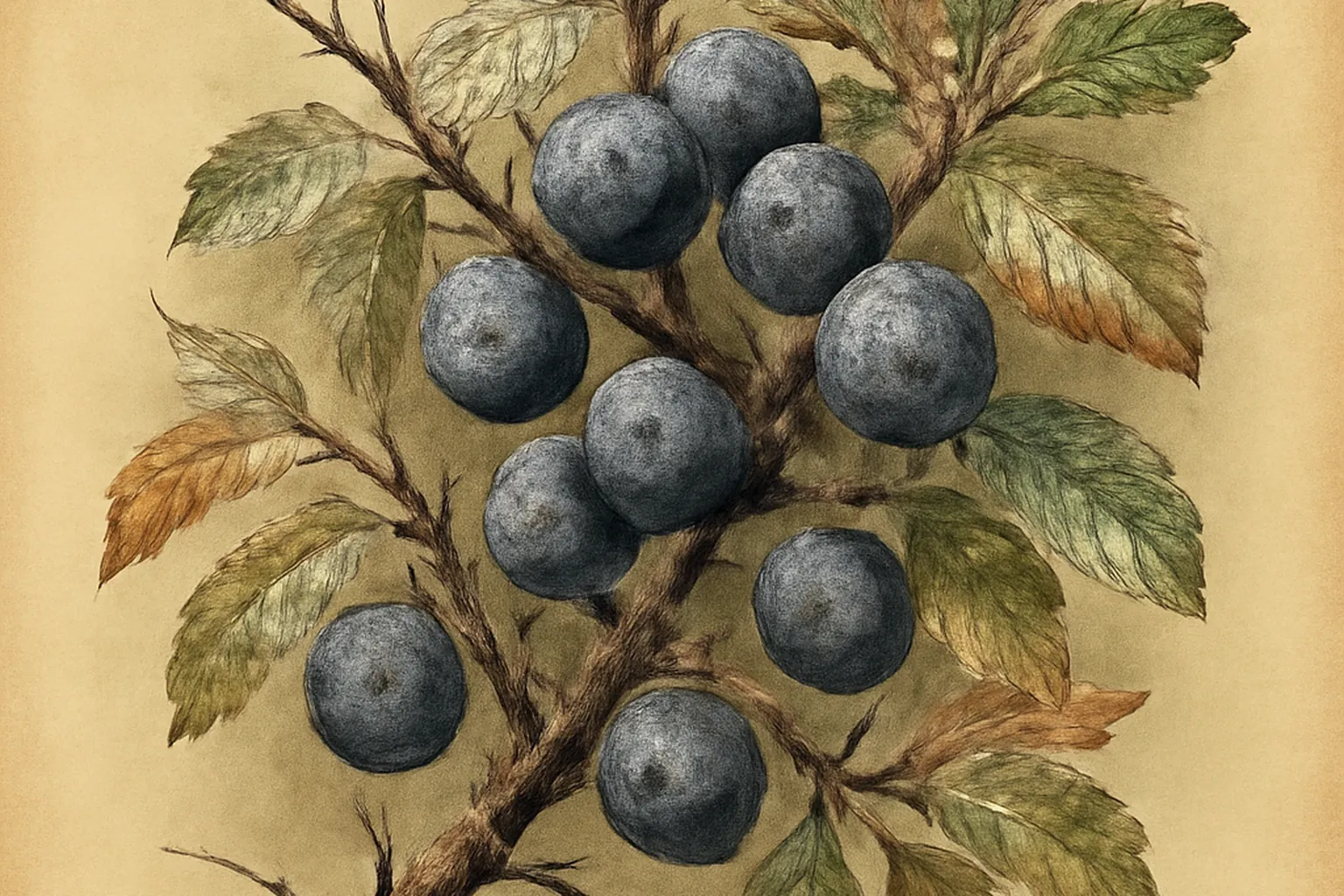 Prunelles bleu-violet mures sur branches epineuses de prunelier en octobre