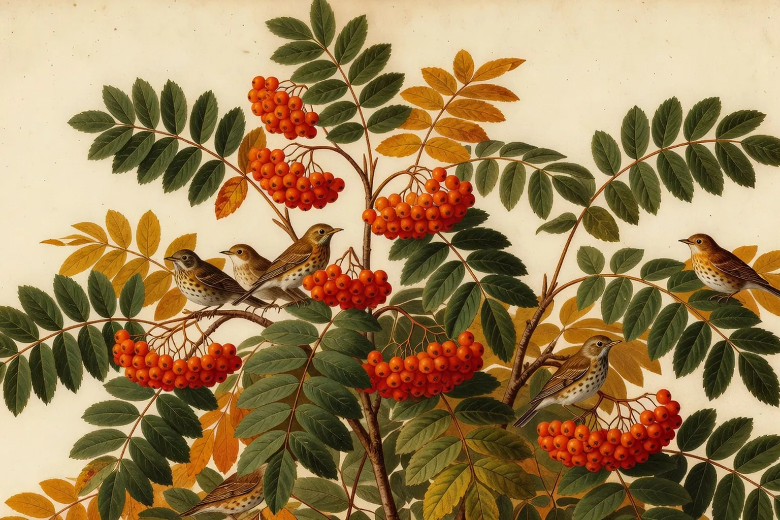 Grappes de sorbes rouges sur un sorbier des oiseleurs en automne, feuillage compose jaune