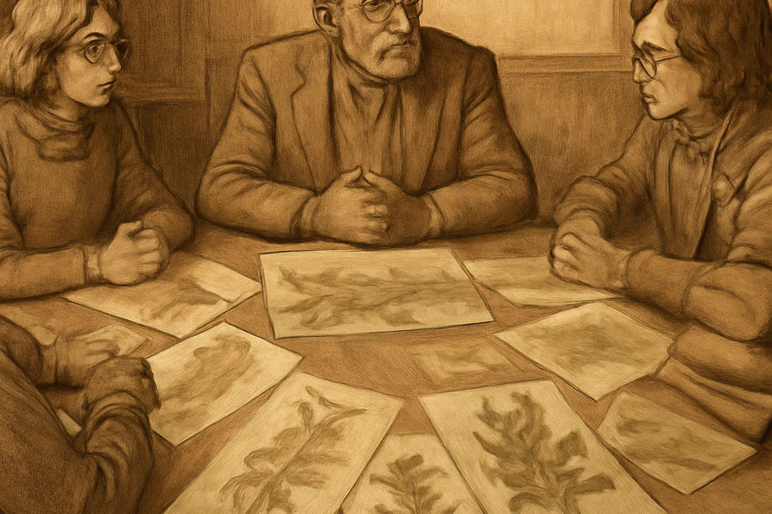 Salle de seminaire universitaire des annees 1970 avec chercheurs autour d'une table ovale, tableau noir, cartes du bocage breton affichees