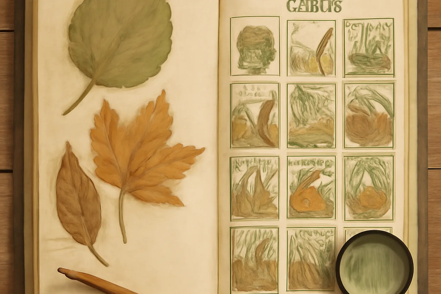 Carnet de jardinier ouvert sur un tableau saisonnier, outils de taille poses a cote