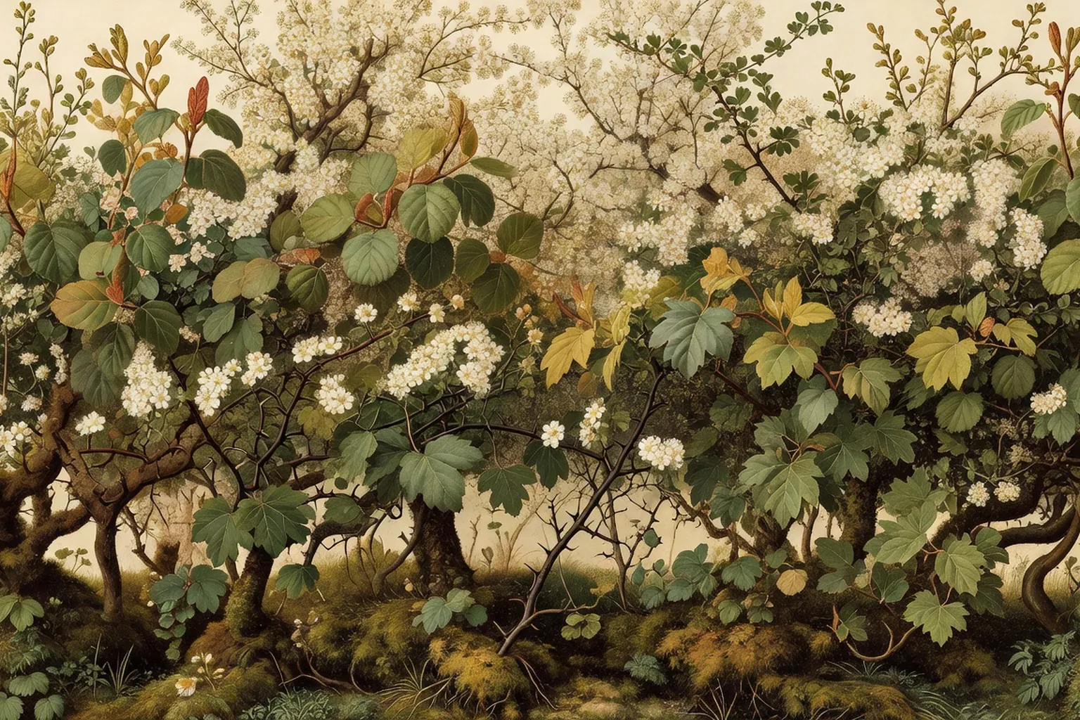 Haie bocagere multistrate au printemps, fleurs blanches d aubepine et feuilles naissantes de charme