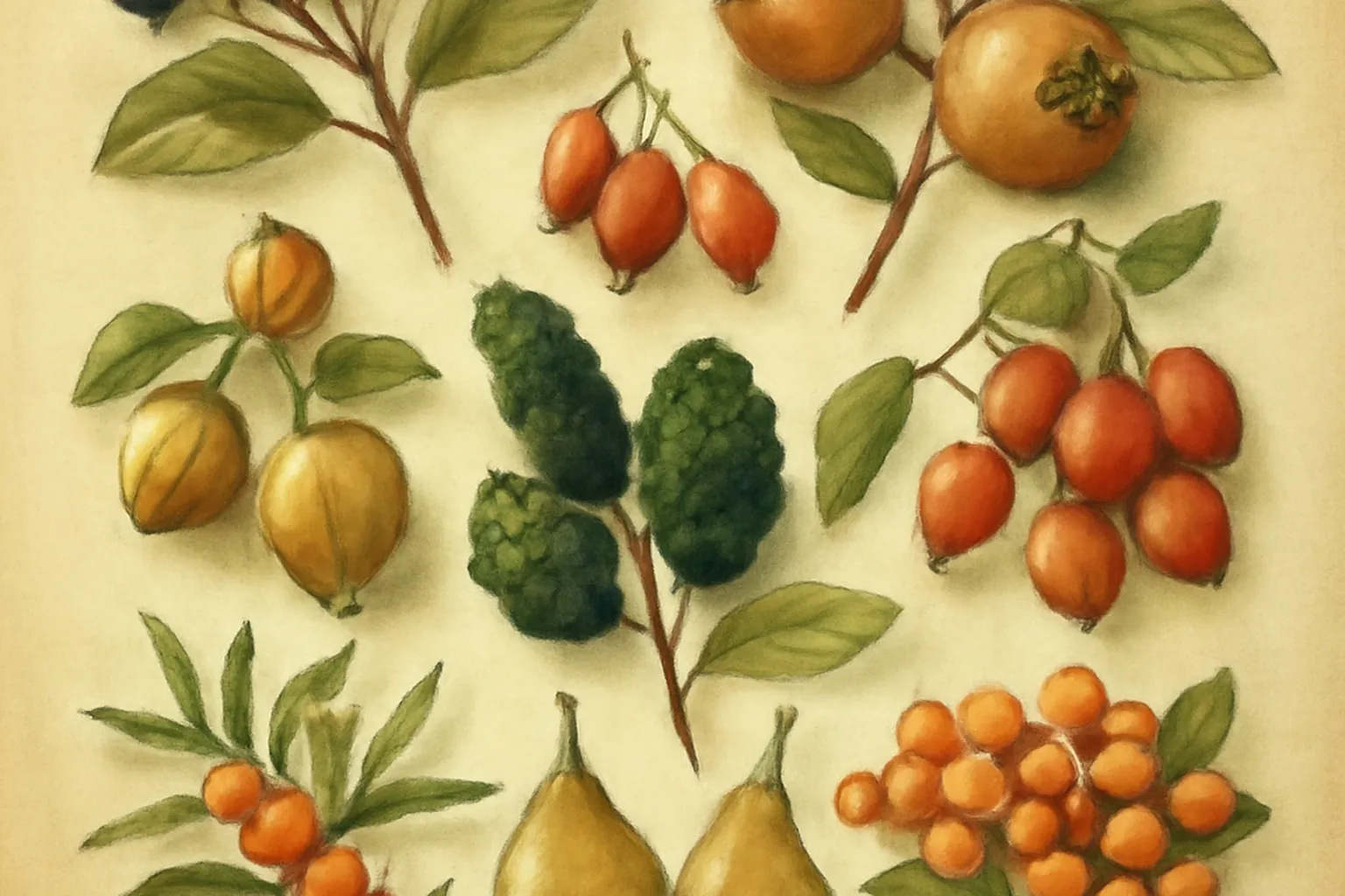 Composition de baies rustiques : aronia noires, nefles, prunelles, sorbes rouges